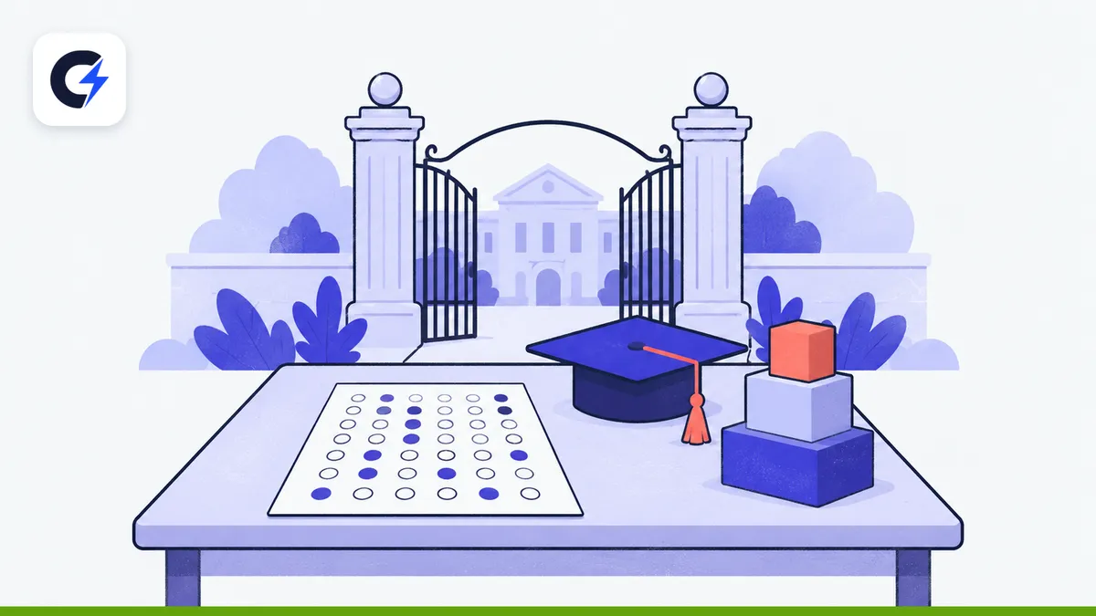 Cổng trường đại học phía sau, phiếu trả lời trắc nghiệm, mũ tốt nghiệp và ba khối xếp như bục nhận giải