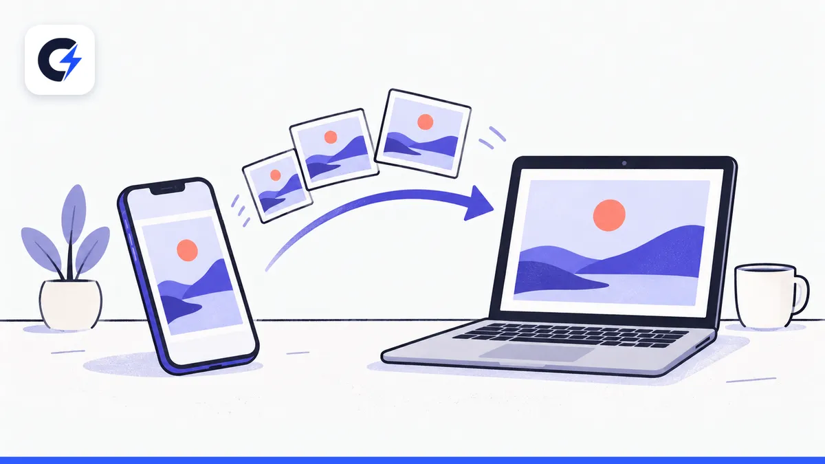 Điện thoại hiện ảnh phong cảnh, mũi tên chuyển các ảnh nhỏ sang màn hình laptop