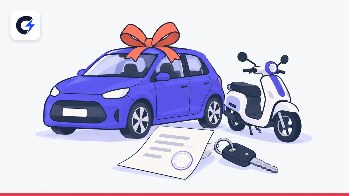Chiếc ô tô mới thắt nơ đỏ trên nóc, xe tay ga bên cạnh, biên lai có dấu tròn và chìa khoá