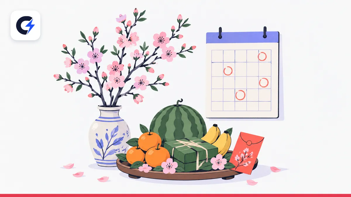 Cành đào trong bình, mâm ngũ quả, bao lì xì và tờ lịch có vài ngày được khoanh tròn