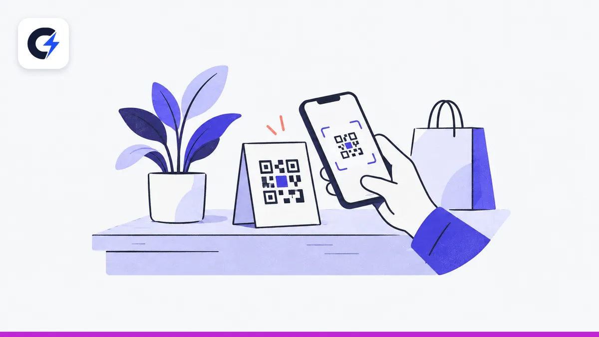 Quầy cửa hàng có thẻ đứng in mã QR, bàn tay cầm điện thoại đang quét, chậu cây và túi giấy