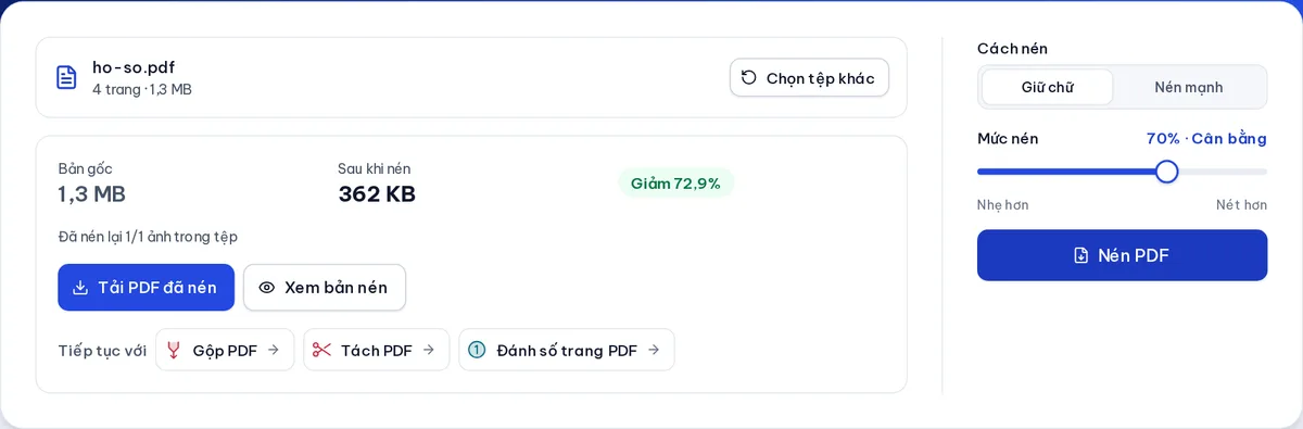 Kết quả nén PDF 4 trang từ 1,3 MB xuống 362 KB