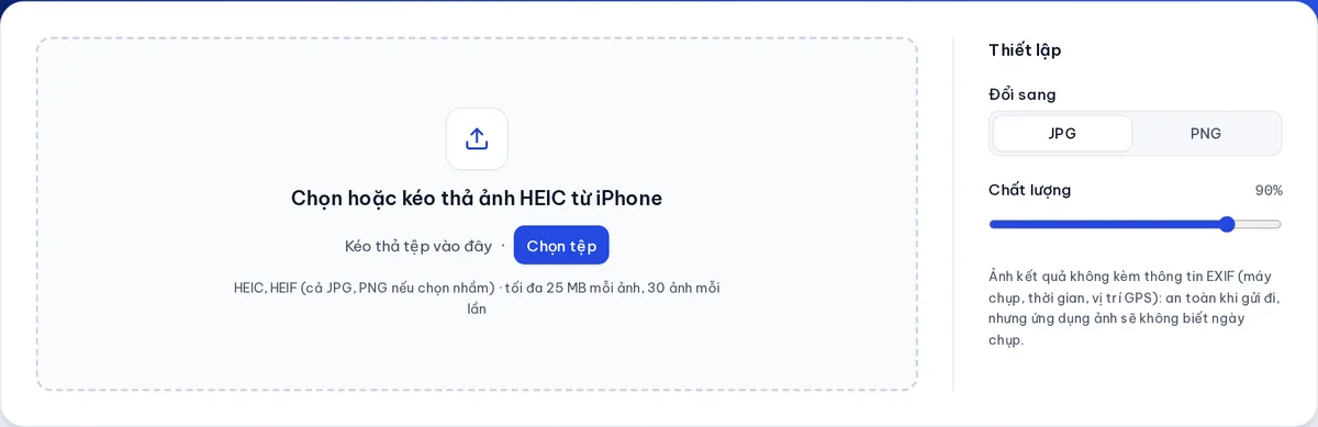 Giao diện công cụ HEIC sang JPG trên trình duyệt