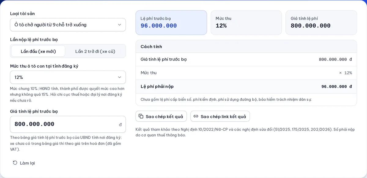 Kết quả tính lệ phí trước bạ ô tô 800 triệu đồng ở mức 12%