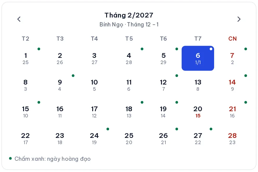 Lịch tháng 2 năm 2027 với mùng 1 Tết Đinh Mùi vào thứ Bảy 06/02/2027