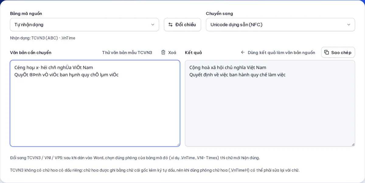 Đoạn văn bản TCVN3 bị lỗi font được chuyển sang Unicode dựng sẵn