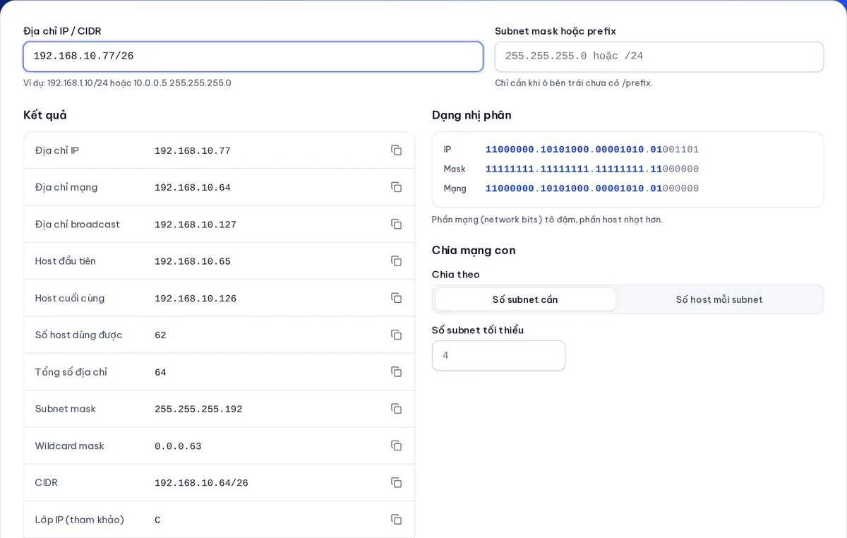 Kết quả tính subnet 192.168.10.77/26 kèm dạng nhị phân trên máy tính subnet IPv4