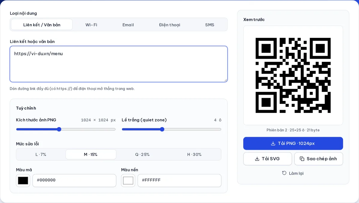 Giao diện tạo mã QR với các loại nội dung Liên kết, Wi-Fi, Email, Điện thoại, SMS