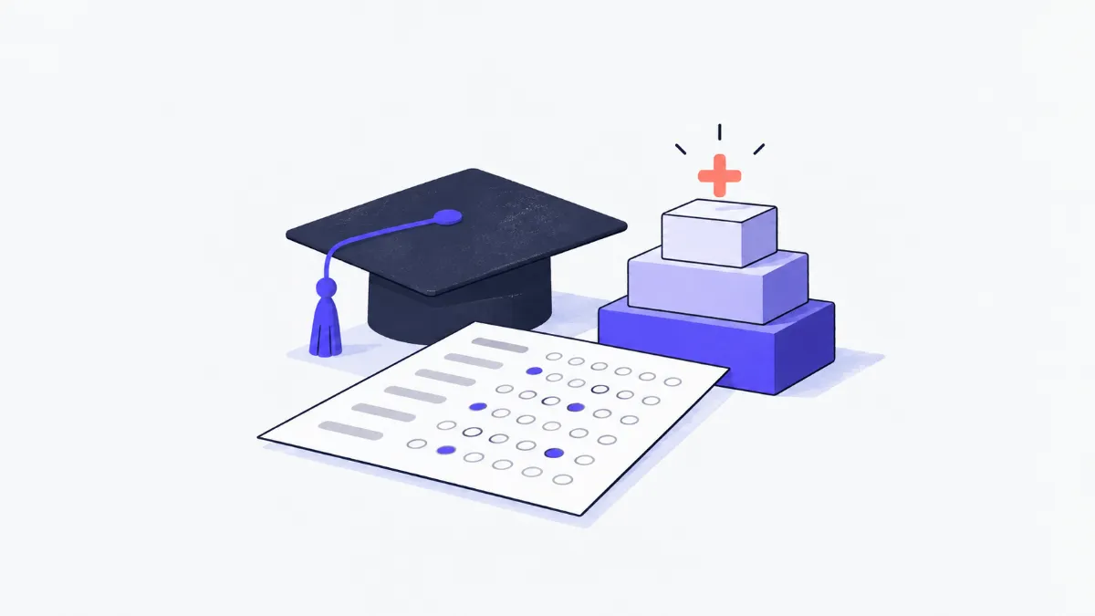 Illustration of a multiple-choice answer sheet beside a graduation cap and three stepped blocks topped by a small orange plus sign for extra points