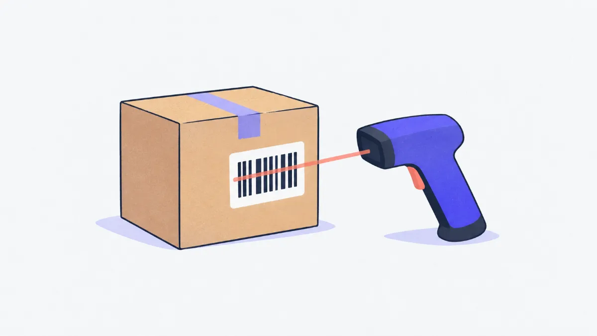 Minh hoạ thùng carton có nhãn mã vạch sọc đen, bên cạnh là máy quét mã vạch chiếu tia đỏ