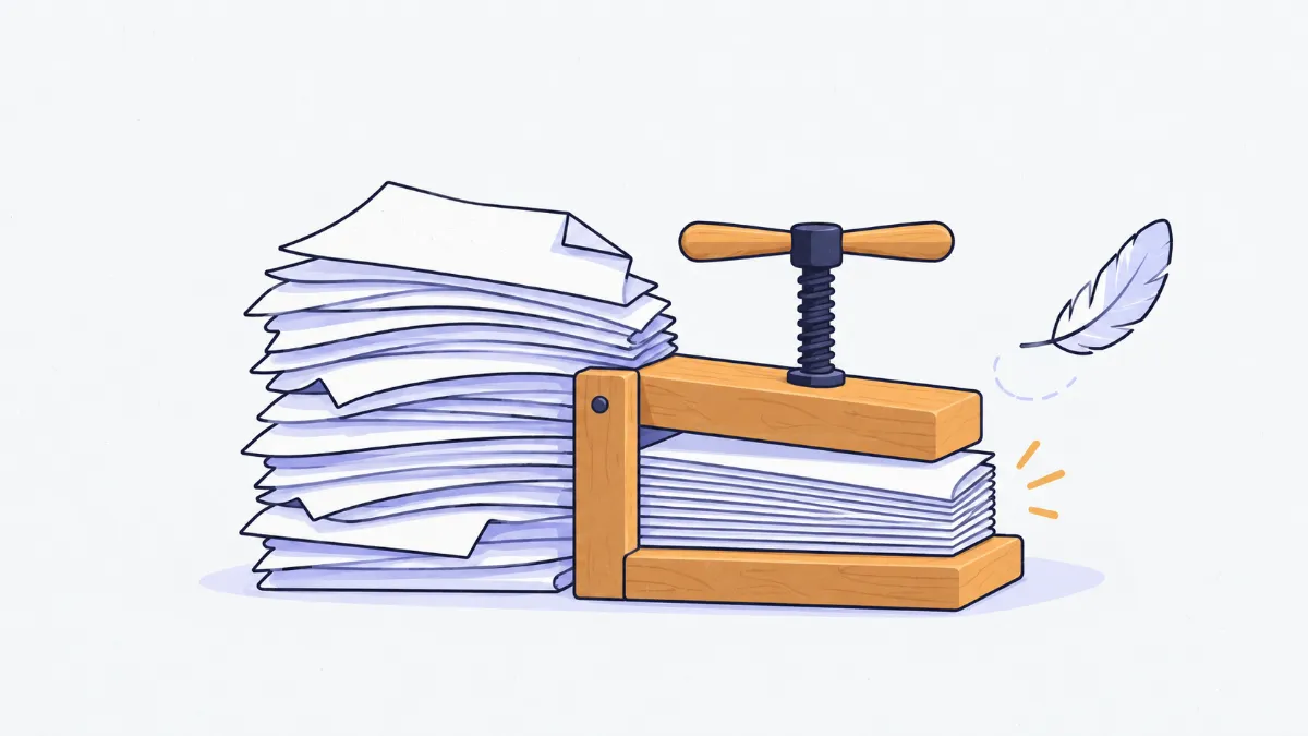 Illustration of a thick pile of pages next to a thinner pile pressed flat in a wooden clamp, with a feather floating beside it