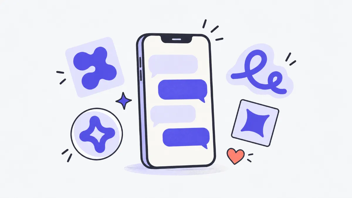 Illustration of a phone with chat bubbles surrounded by decorative tiles in different styles (squared, circled, a looping script stroke), a small star and a heart