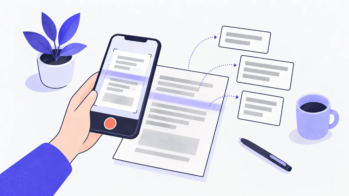 Illustration of a hand holding a phone over a printed page, with lines of text lifted out into cards beside it, a plant and a coffee cup on the desk