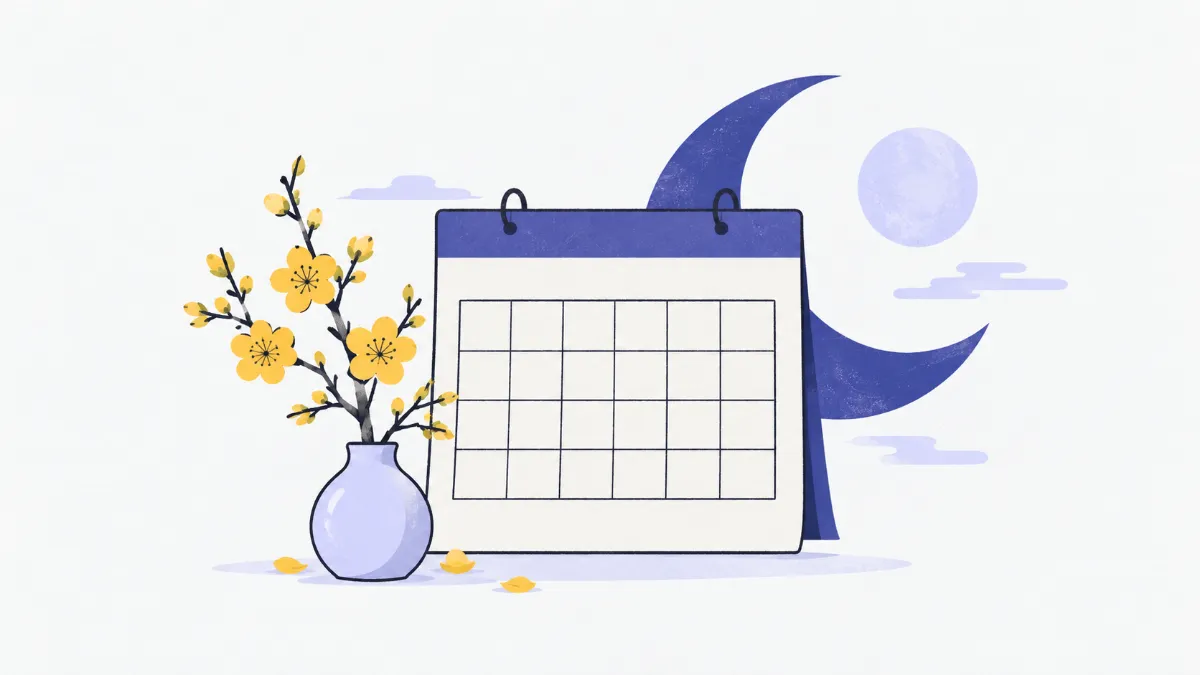 Minh hoạ tờ lịch treo tường dạng lưới bên cạnh vầng trăng khuyết, trăng tròn và cành mai vàng trong bình
