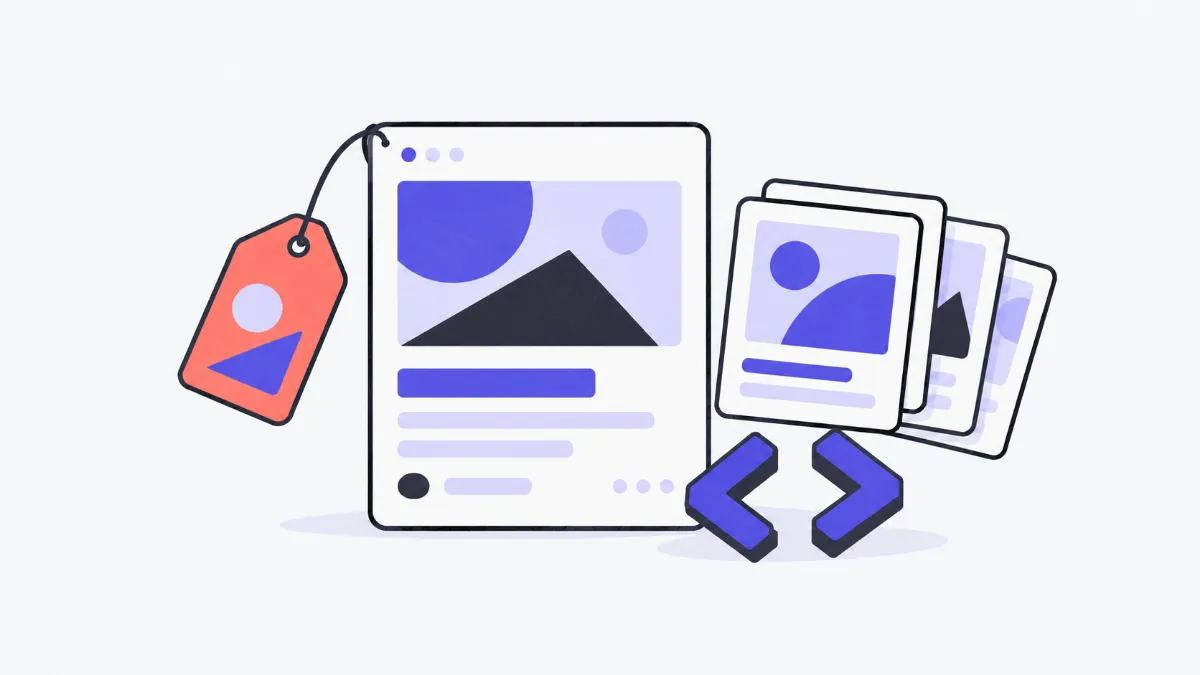 Minh hoạ thẻ trang web có nhãn treo bằng sợi dây, chồng thẻ xem trước chia sẻ có ảnh và cặp dấu ngoặc nhọn