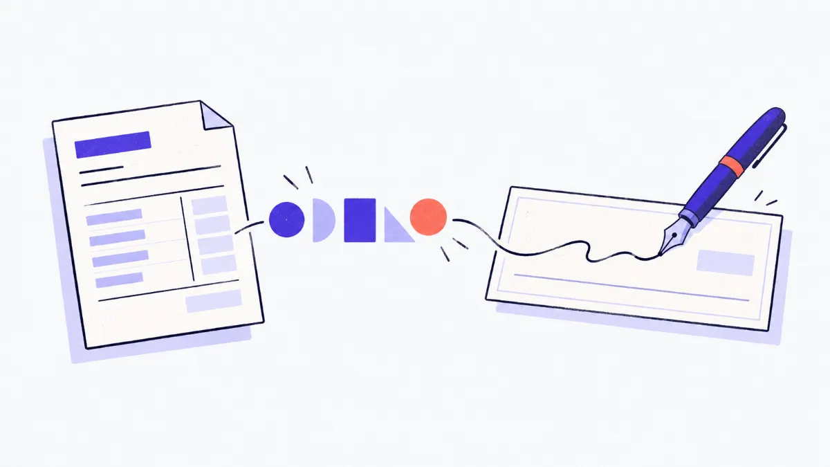 Minh hoạ một dãy khối chữ số trên hoá đơn biến thành dòng chữ viết tay trên tờ séc, cây bút máy đặt bên trên