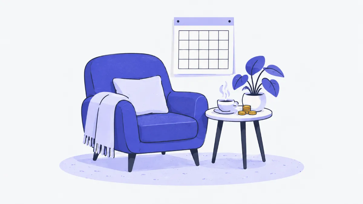 Illustration of an armchair beside a side table with a cup of tea, a potted plant, a calendar page and a small stack of coins