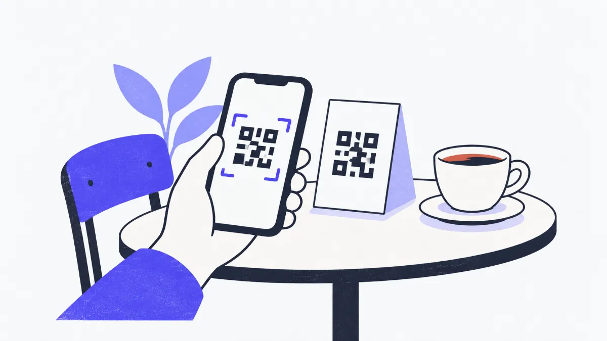 Minh hoạ điện thoại quét mã QR trên tấm thẻ đặt ở bàn cà phê