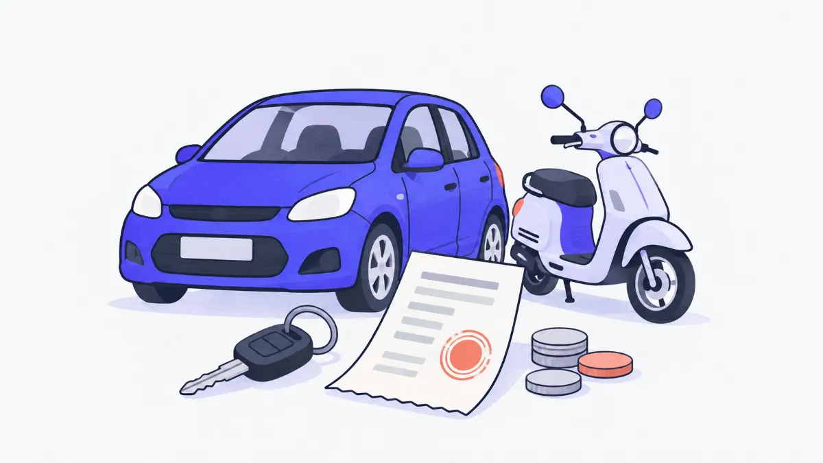 Illustration of a small car and a motorbike beside a stamped receipt, with a car key and a few coins on the table