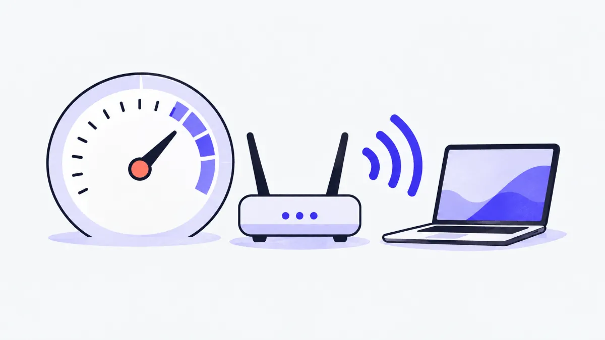 Illustration of a speedometer gauge with a needle, a two-antenna Wi-Fi router and signal waves reaching a laptop