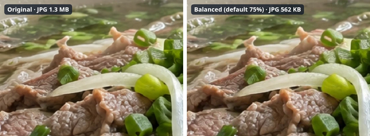 The same crop at 1:1: original on the left, “Balanced (default 75%)” result on the right.