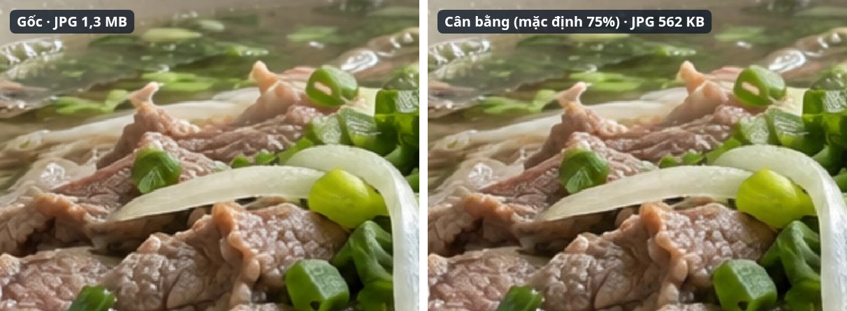 Cắt cùng một vùng ở tỉ lệ 1:1: bên trái là ảnh gốc, bên phải là kết quả “Cân bằng (mặc định 75%)”.