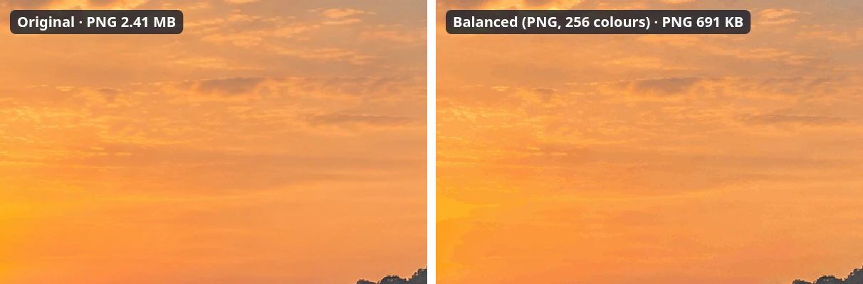 The same crop at 1:1: original on the left, “Balanced (PNG, 256 colours)” result on the right. Smooth gradients such as the sky can show slight banding at 256 colours; for photos, switching to WebP or JPG gives a smaller and smoother result.